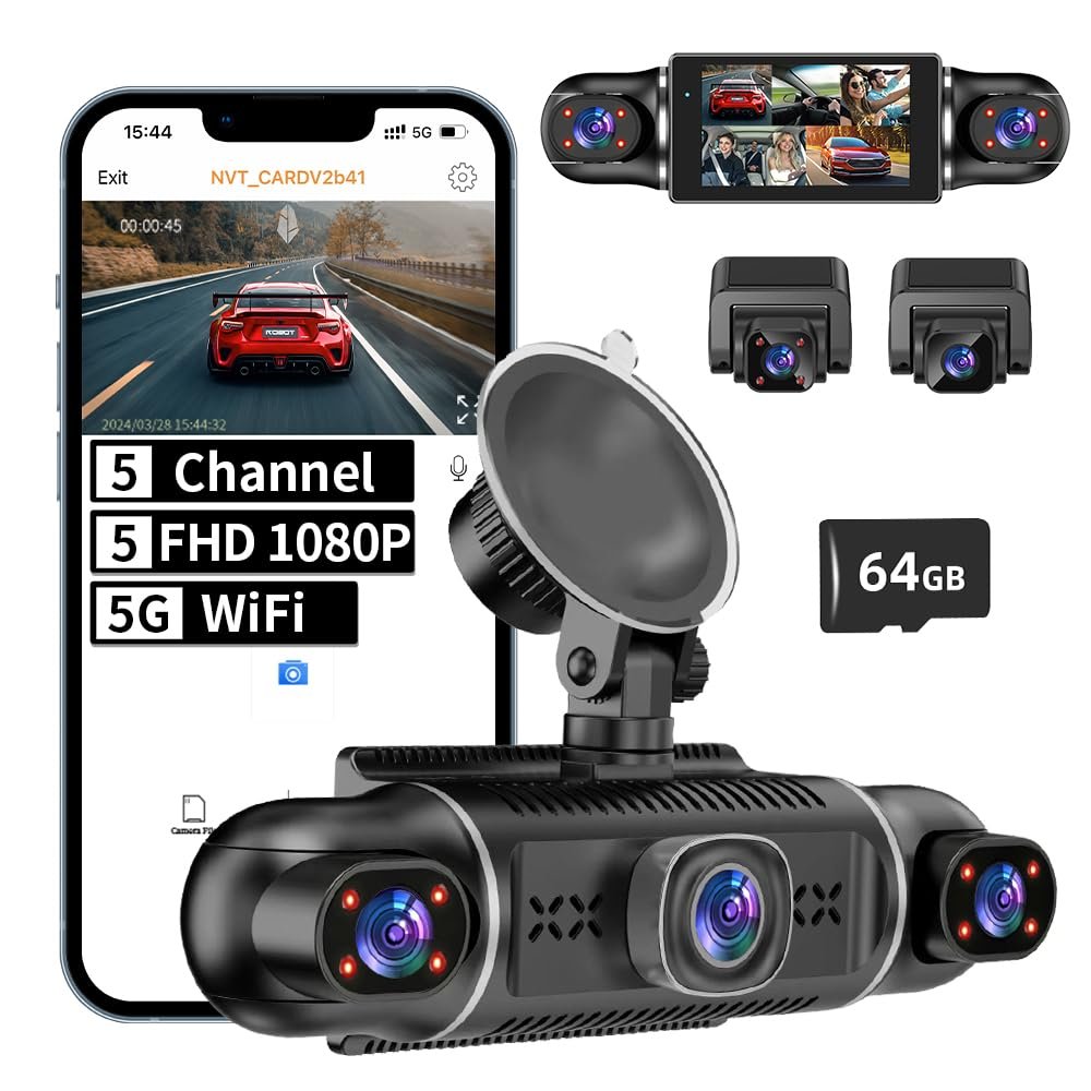 360 View 5 Channel Dash Cam Car Camera Dash Cam Front and Rear Degree 5 Channel for Cars Front and Rear Inside Left Right Baby Car Camera, Built-in WiFi Night Vision,64GB Card Included