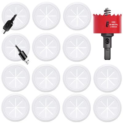 14 Pack TV Wire Hider for Wall, 1.97 Inch (50mm Hole) Cord Hider in Wall Cable Management Kit, Includes 14 Pass Throughs and 1 Hole Saw Drill Attachment Easy to Install