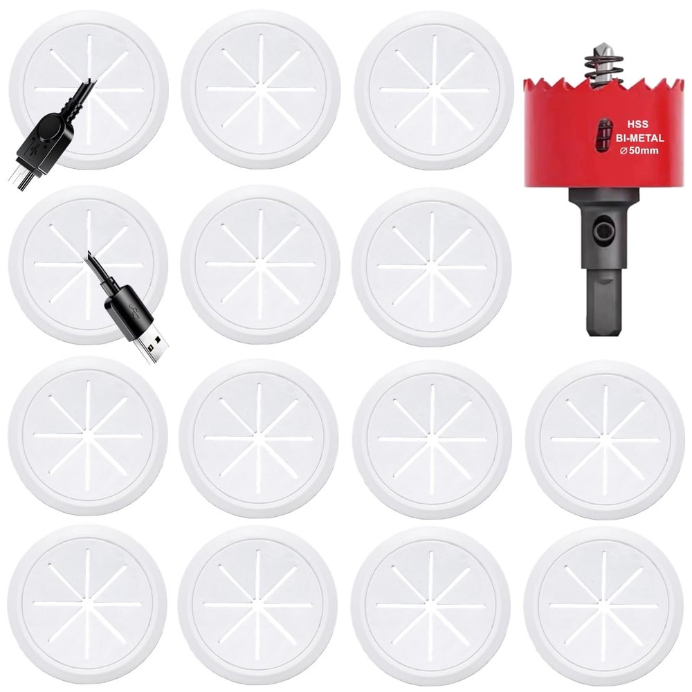 14 Pack TV Wire Hider for Wall, 1.97 Inch (50mm Hole) Cord Hider in Wall Cable Management Kit, Includes 14 Pass Throughs and 1 Hole Saw Drill Attachment Easy to Install
