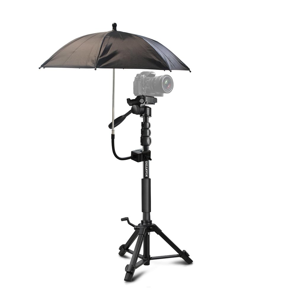 20 Inch Tripod Umbrella, Adjustable Gooseneck Camera Rain Cover, Umbrella Chair Clamp for Cameras, Rain & Sun Protection, for Outdoor Photographing Filming, Black