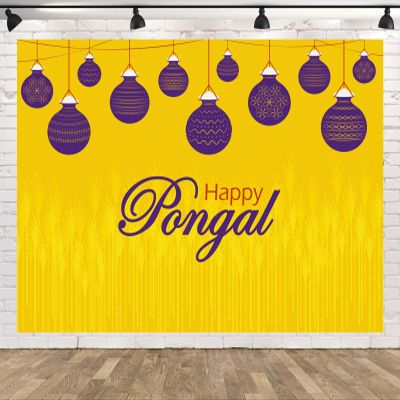BELECO 12x8ft Fabric Happy Pongal Backdrop India Harvesting Festival Celebration with Pongal Pot Style Paper Torans Background Indian Theme Party Decoration Banner Photo Booth Shoot Props