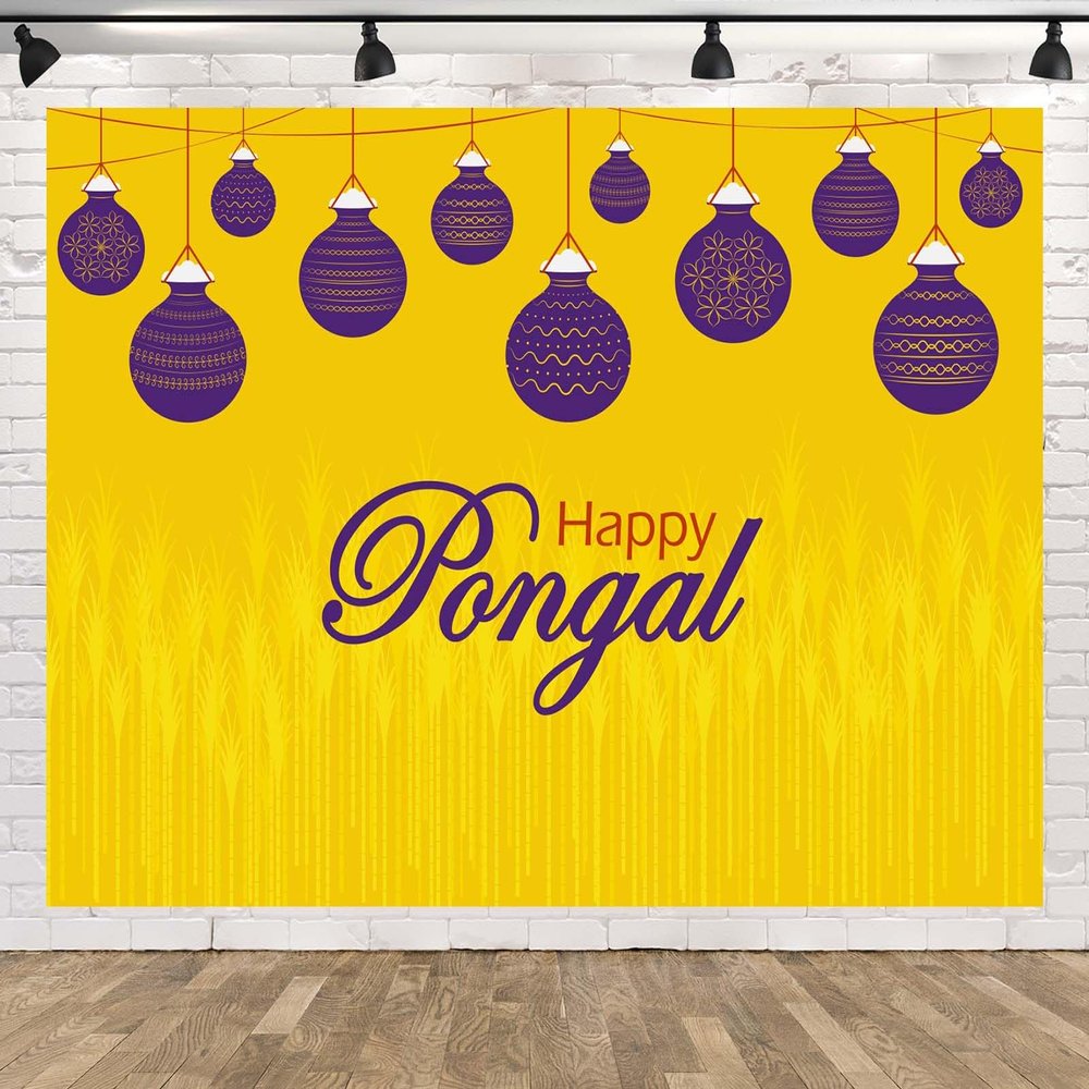 BELECO 12x8ft Fabric Happy Pongal Backdrop India Harvesting Festival Celebration with Pongal Pot Style Paper Torans Background Indian Theme Party Decoration Banner Photo Booth Shoot Props