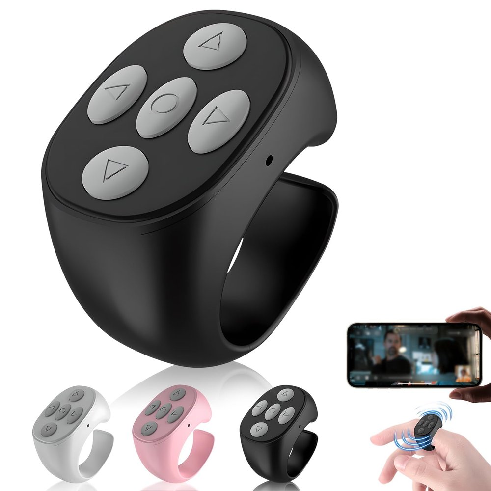 Upgrade Fingertip Wireless Bluetooth Remote Control,2026 New Creative Bluetooth Remote Control Page Turner Scroller Ring for Short Video Music Camera Shutter App Page Scrolling (Black, 1PC)