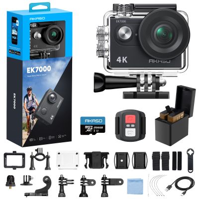 AKASO EK7000 4K30fps Action Camera with 256GB MicroSDXC U3 Memory Card Accessories Kit Bundle Ultra HD 131FT Waterproof Camera EIS WiFi Remote Control 4X Zoom Underwater Camera