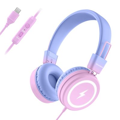 Bywulanda Kids Headphones with LED Lights for School, Upgrade USB Type C Kid Headphone with Microphone, Volume Limiter 85/94dB, Wired On Ear Headphones for Boys/Girls/Tablet/Travel -Gradient Purple
