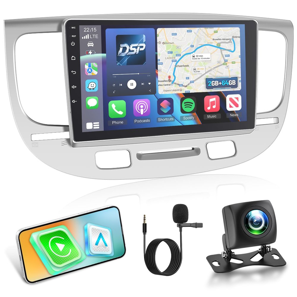 [4Core 64G] Car Radio for Kia Rio 2005-2011, Volxcereo 9 inch Android Touchscreen Stereo with Carplay/Android Auto, GPS Navigation, WiFi, Bluetooth, SWC, FM/RDS, 2G+64G