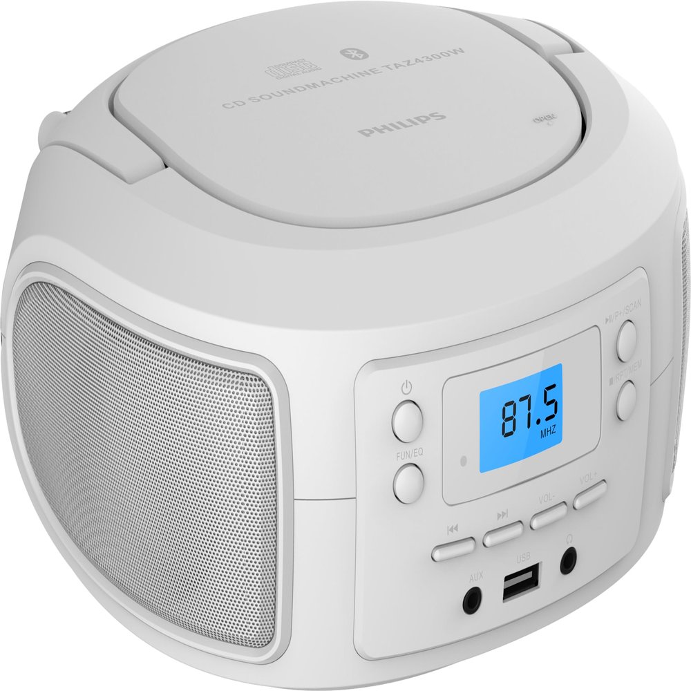 Philips CD Player Portable with Bluetooth, Crystal Clear Sound Top Loading CD Boombox with FM Radio, USB Port & Aux Input, Compact & Lightweight Design,R/CD-RW/MP3 Compatible (White) (White)