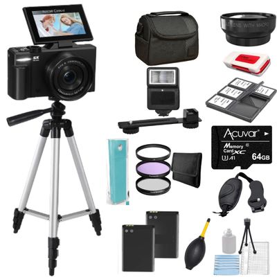 4K/5K Digital Camera  75MP Vlogging Camera for YouTube, 180 Flip Screen, 18X Zoom, WiFi  Black Ultimate Kit with 64GB Card, 50" Tripod, Carrying Case, Macro/Wide Lens, Flash & Filters  Acuvar