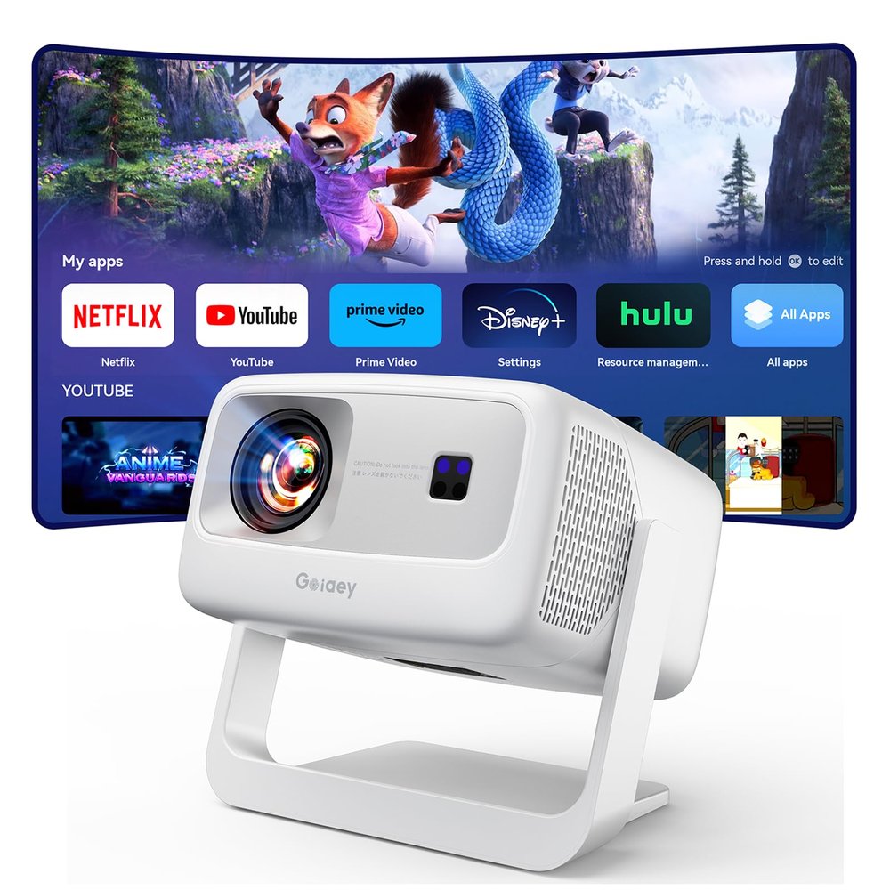 [3000+ Licensed Apps/Live TV/HDR10+/50W DoIby Audio] Smart 4K-Projector with WiFi and Bluetooth, Goiaey 3200ANSI Outdoor Projector with 360Stand, Auto Focus, Auto Keystone, Short Throw Proyector
