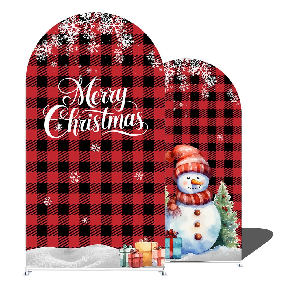 2 Pcs Christmas Arch Backdrop Covers Set, 7.2ft & 6ft Red Scotland Tartan Pattern Background for Xmas Party Decoration, Metal Stand Not Included