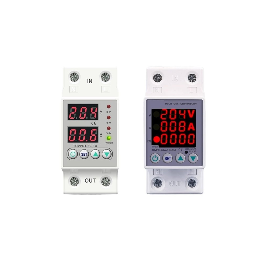 40A, 63A, 80A, 100A, 220V and 230V Adjustable Surge Current Protector Relay with DIN Rail Dual Display (V A type,L N 110V 60A)