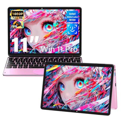Fsjun 11" Touchscreen 2-in-1 Convertible Pink Laptop for Business&Students, in tel N100 CPU,16G DDR4 RAM,512G SSD,FHD 1920 * 1200 IPS,Win 11 Pro PC,Backlit Keyboard, WiFi, Type-C,HDMI, Oval Trackpad