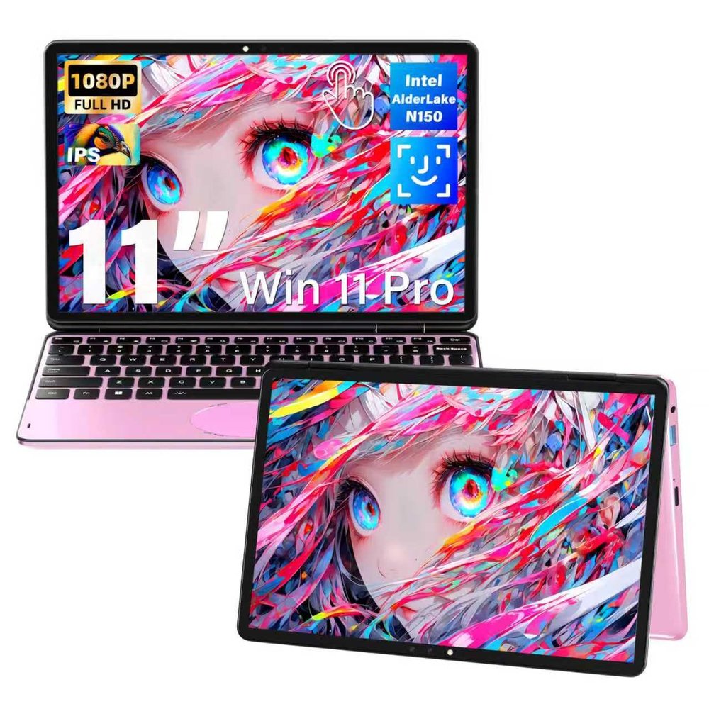 Fsjun 11" Touchscreen 2-in-1 Convertible Pink Laptop for Business&Students, in tel N100 CPU,16G DDR4 RAM,512G SSD,FHD 1920 * 1200 IPS,Win 11 Pro PC,Backlit Keyboard, WiFi, Type-C,HDMI, Oval Trackpad