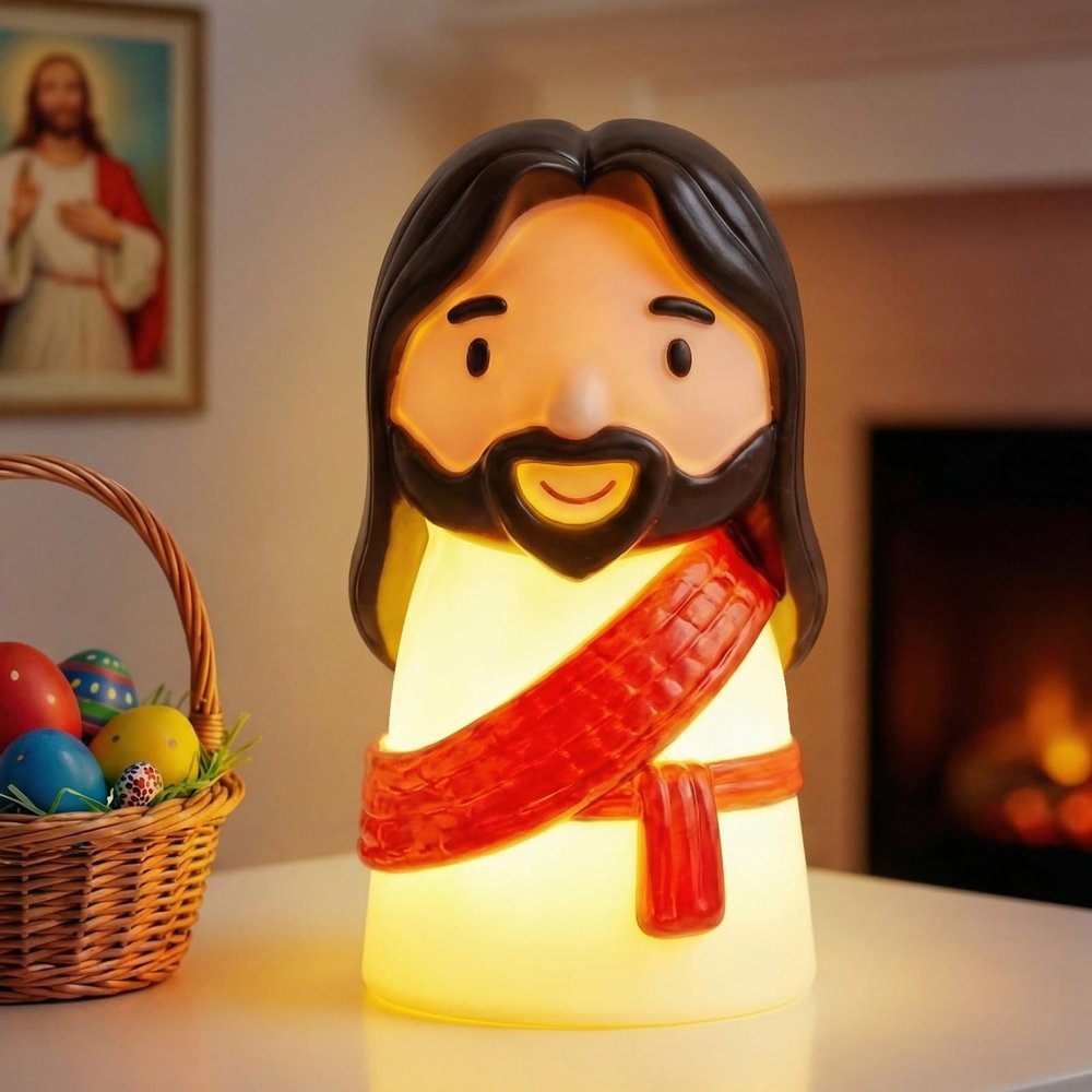 Huquary Cute Jesus Night Light, Jesus Gift, Dimmable PVC Christian Lamp, USB Rechargeable Touch Bedside Light, Baptism Favor, First Communion & Religious Graduation Gifts (3 x 5 Inch)(Red)