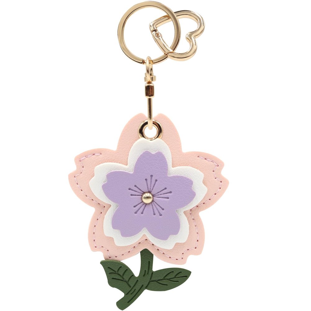 MC Fashion PU Leather AirTag Keychain Holder Case, 3D Cherry Flower Floral Key Ring Charm GPS Tracker Case (Purple)