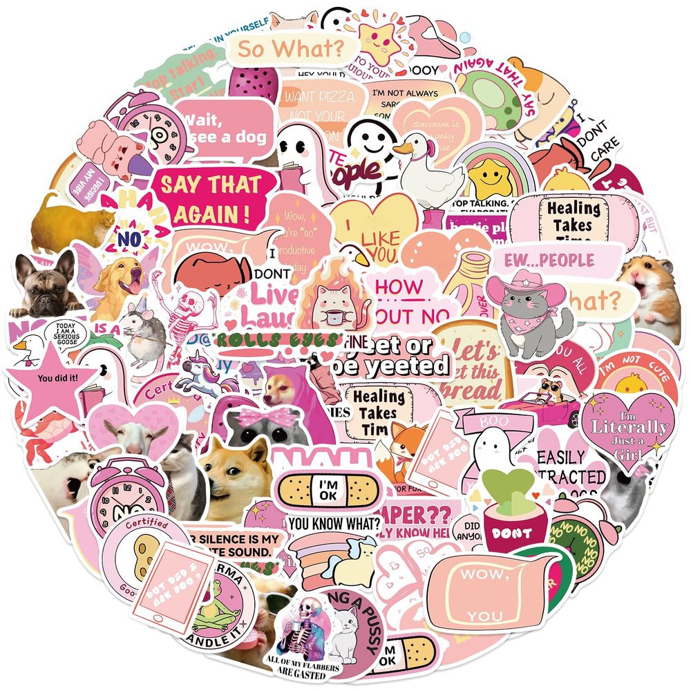 100PCS Funny Stickers for Adults,Pink Sarcastic Waterproof Vinyl Stickers Funny Decals for Water Bottle Laptop
