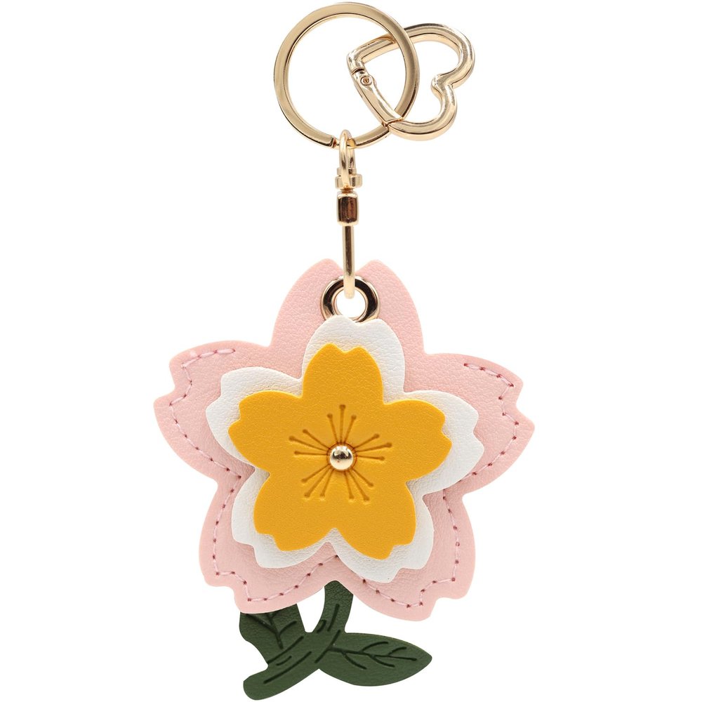 MC Fashion PU Leather AirTag Keychain Holder Case, 3D Cherry Flower Floral Key Ring Charm GPS Tracker Case (Yellow)