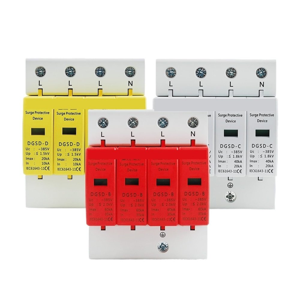 AC SPD 4P House Lightning Surge Protector 10-20KA 20-40KA 30-60KA 385V Solar PV Protective Low-Voltage Arrester Device 3P+N(10-20KA)