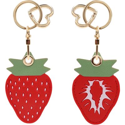 MC Fashion PU Leather Keychain Holder Case Compatible with AirTag, Cute Double-sided Fruits Charm Key Ring (Strawberry)