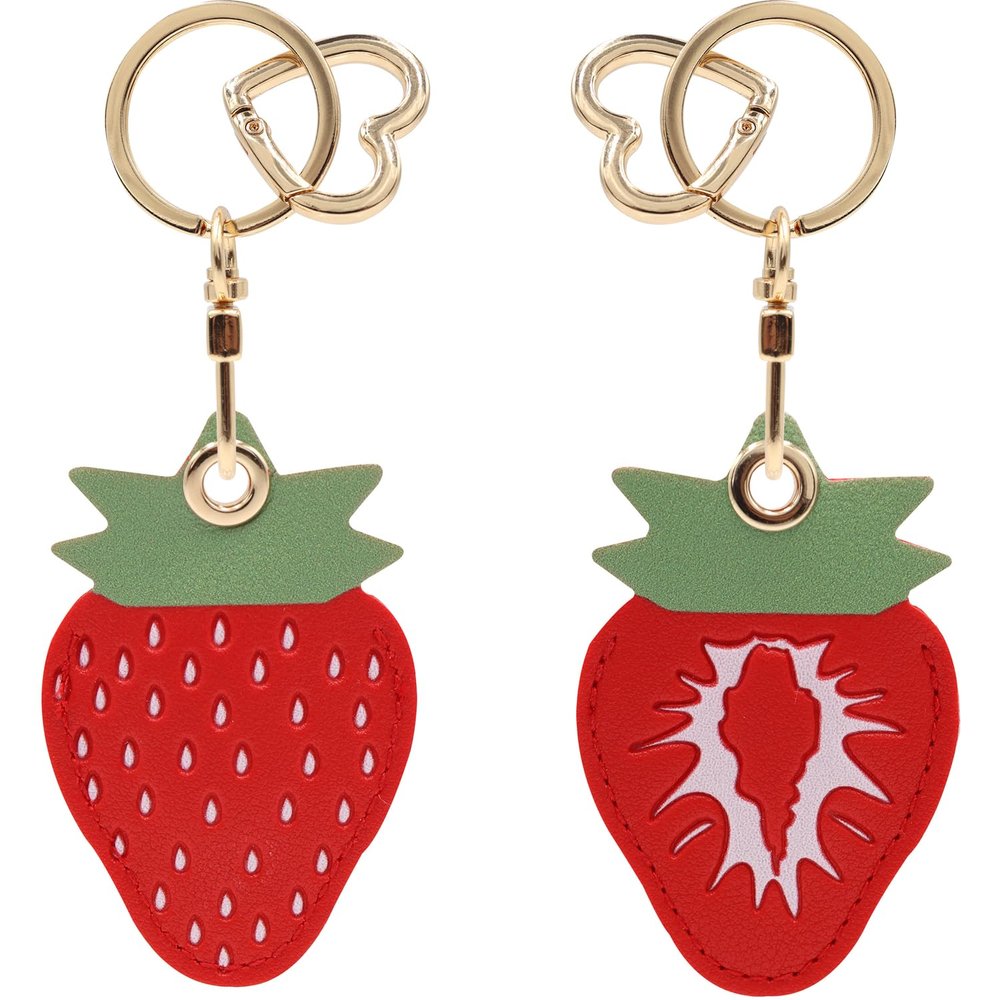MC Fashion PU Leather Keychain Holder Case Compatible with AirTag, Cute Double-sided Fruits Charm Key Ring (Strawberry)