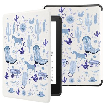 Idocolors Cute Western Cowgirl Case for 7" Kindle Paperwhite(12th Gen-2024), New e-Reader Kindle Paperwhite 6(KPW6) PU Leather Cover with Hand Strap for Kindle Paperwhite(2024), Blue 1