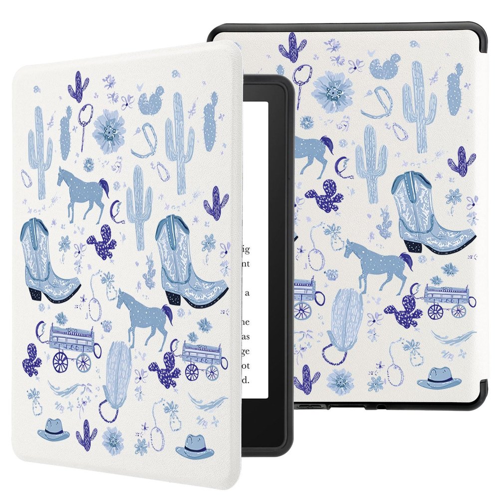Idocolors Cute Western Cowgirl Case for 7" Kindle Paperwhite(12th Gen-2024), New e-Reader Kindle Paperwhite 6(KPW6) PU Leather Cover with Hand Strap for Kindle Paperwhite(2024), Blue 1