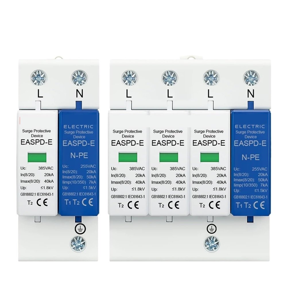 AC SPD 1P+NPE 3P+ 50KA T1 T2 385V 275V House Lightning Surge Protector Protective Solar Low-Voltage Arrester Device Din Rail(2P,AC 385V)