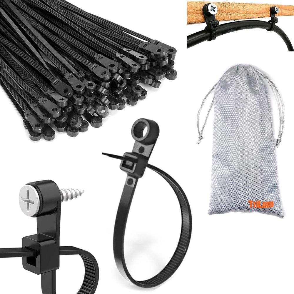 8in Nylon Universal Cable Tie,Multipurpose 2026 Upgraded Heavy Duty Black Zip Ties with Screw Hole 75lbs Mountable head Cable Ties management for Indoor & Outdoor Use (Hole Tie 100Pcs)