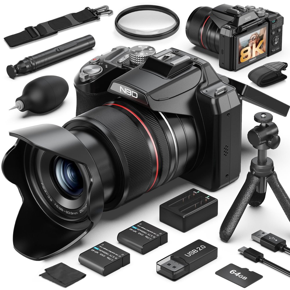 8K & 64MP Digital Cameras for Photography, 48X Zoom (16X Optical + 3X Digital) with Moon Mode, 180 Flip Screen, WiFi, Micro HDMI, 64GB Card & 2 Batteries, Vlogging Camera for YouTube (Black) (Black)