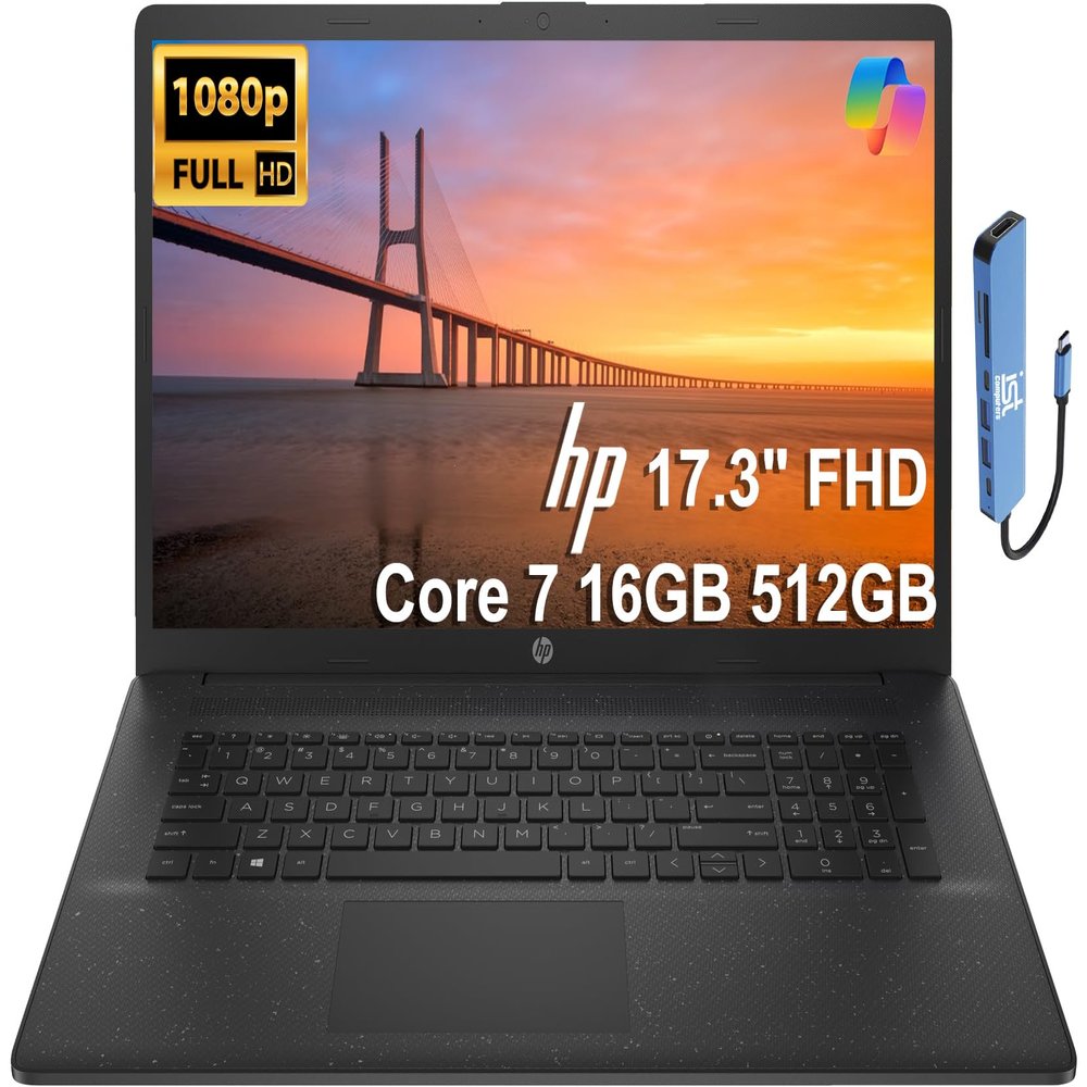 HP 17 Laptop (17.3" FHD Anti-Glare, Intel 10-Core i7 150U (> Ultra 5 125U), 16GB RAM, 512GB SSD) for Business, Home, Students, Narrow Bezel, Numeric Keypad, Fast Charge, IST Hub, Wi-Fi 6, Win 11 Home