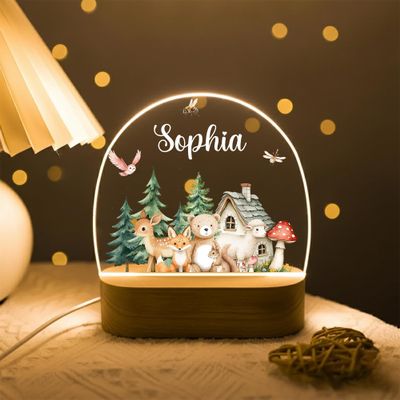 MDPrints Global Personalized Baby Gifts, Personalized Night Light for Kids, Baptism Night Light with Wooden Base, Bedroom Decor, Nursery Light, Baptism Gifts for Girl Boys (Woodland DK05)