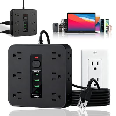 16-in-1 Power Strip with Switch & Surge Protection, 2026 New 16 in 1 Power Strip Surge Protector, Versatile Flat Plug Surges Protector with 12 Ac Outlets & 3 USB, for Home Office Dorm (Black)