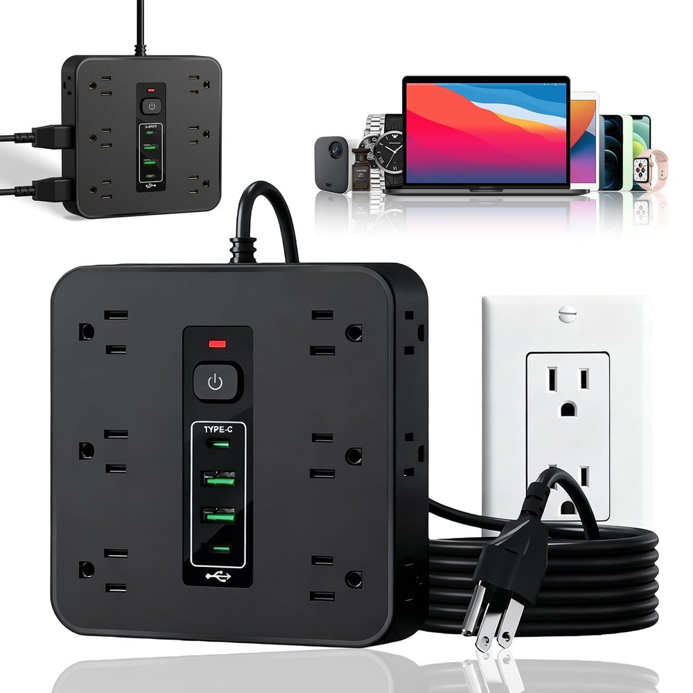 16-in-1 Power Strip with Switch & Surge Protection, 2026 New 16 in 1 Power Strip Surge Protector, Versatile Flat Plug Surges Protector with 12 Ac Outlets & 3 USB, for Home Office Dorm (Black)