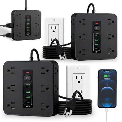 16-in-1 Power Strip with Switch & Surge Protection, 2026 New 16 in 1 Power Strip Surge Protector, Versatile Flat Plug Surges Protector with 12 Ac Outlets & 3 USB, for Home Office Dorm (Black*2)