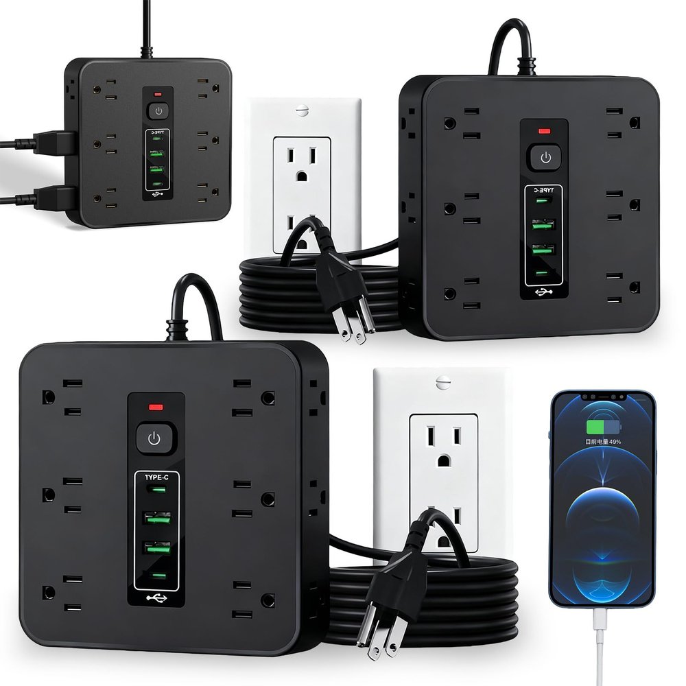 16-in-1 Power Strip with Switch & Surge Protection, 2026 New 16 in 1 Power Strip Surge Protector, Versatile Flat Plug Surges Protector with 12 Ac Outlets & 3 USB, for Home Office Dorm (Black*2)