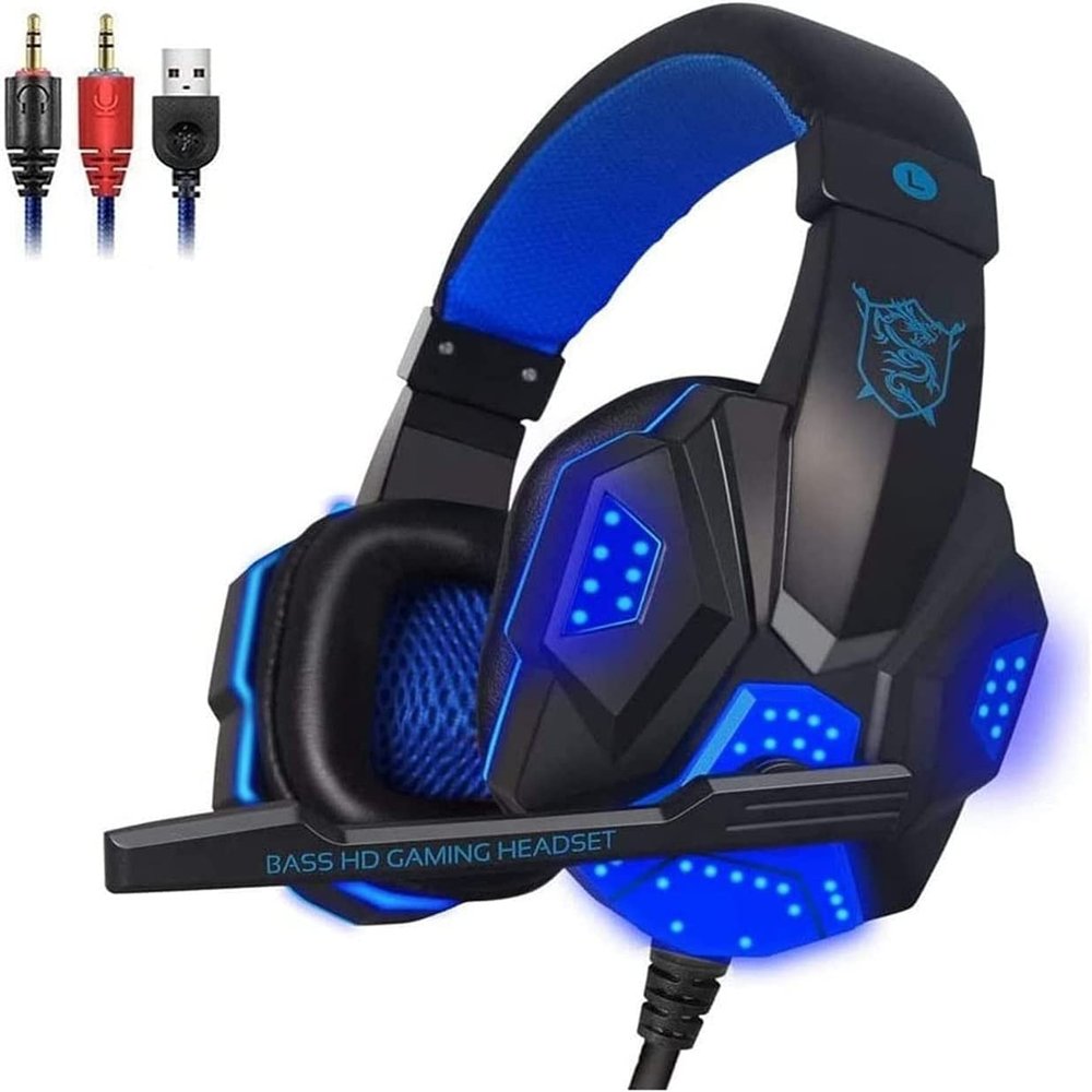 Gaming Headset, Surround Sound Over Ear Headphones with Mic, LED Light for Mac Laptop