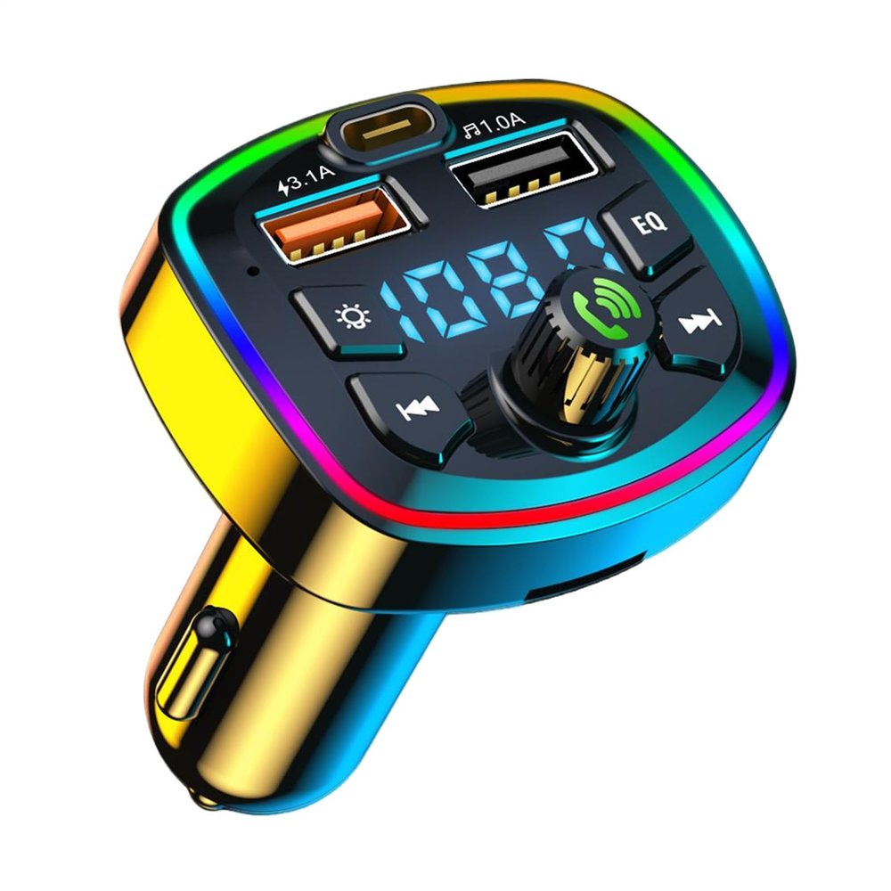 Blue Tooth FM Transmitter for Car, Car Adapter Charger, 2-Port Fast Charging Wireless Radio Receiver for Auto Music/Phone/PC/Road/Trip Handsfree Call, LED Backlit, U Disk