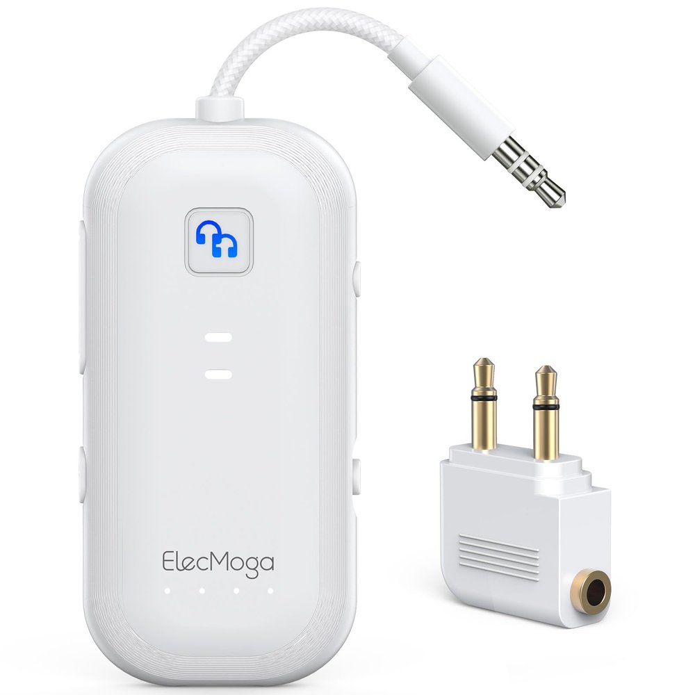 2025 Upgraded Airplane Bluetooth 5.4 Transmitter with aptX Adaptive, ElecMoga Airplane Travel Essentials Supports 2 AirPods or Headphones, 2-in-1 AUX Wireless Transmitter Receiver for TV, Car, White