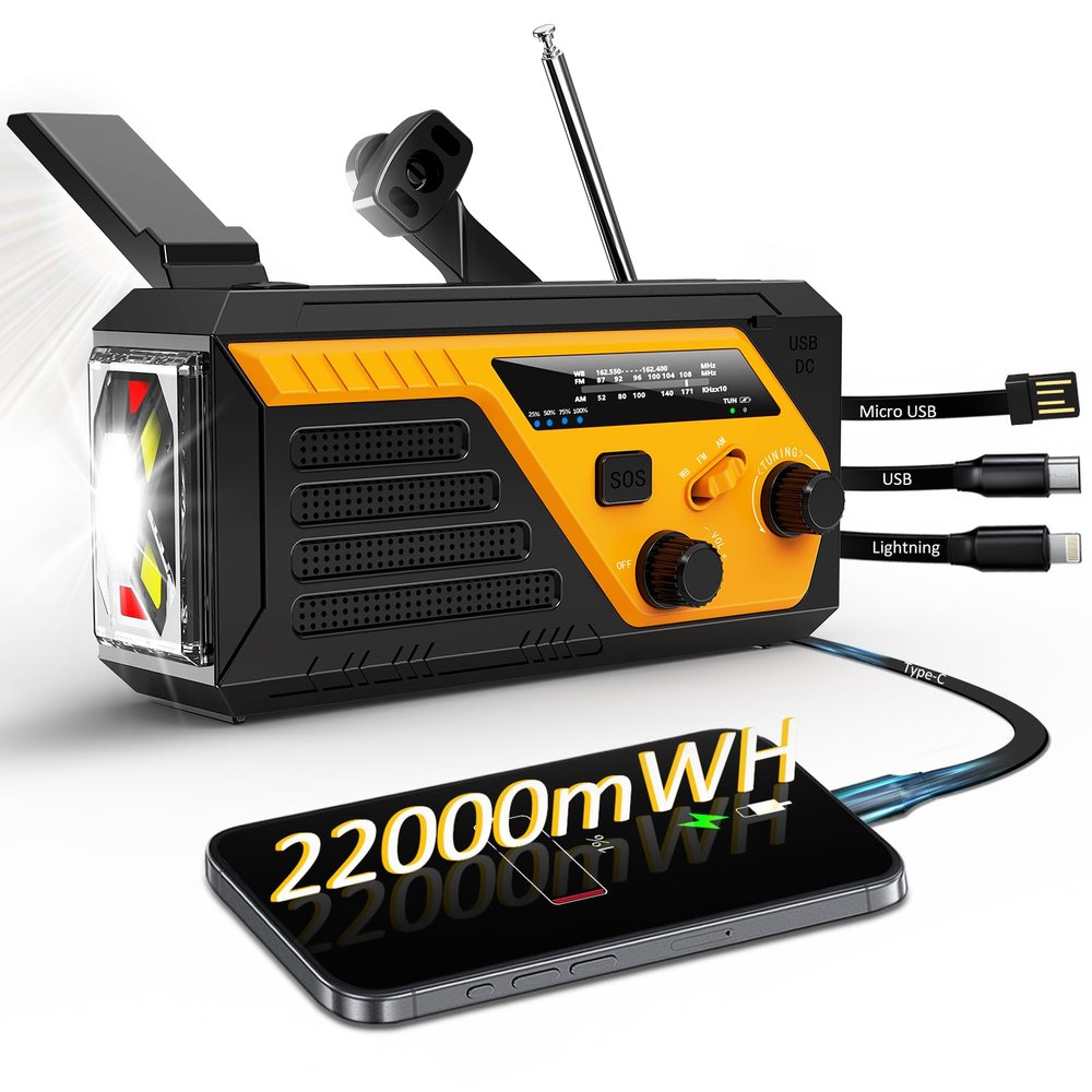Emergency Radio with 4 Charging Cables, 22000mWh AM FM NOAA Weather Radio