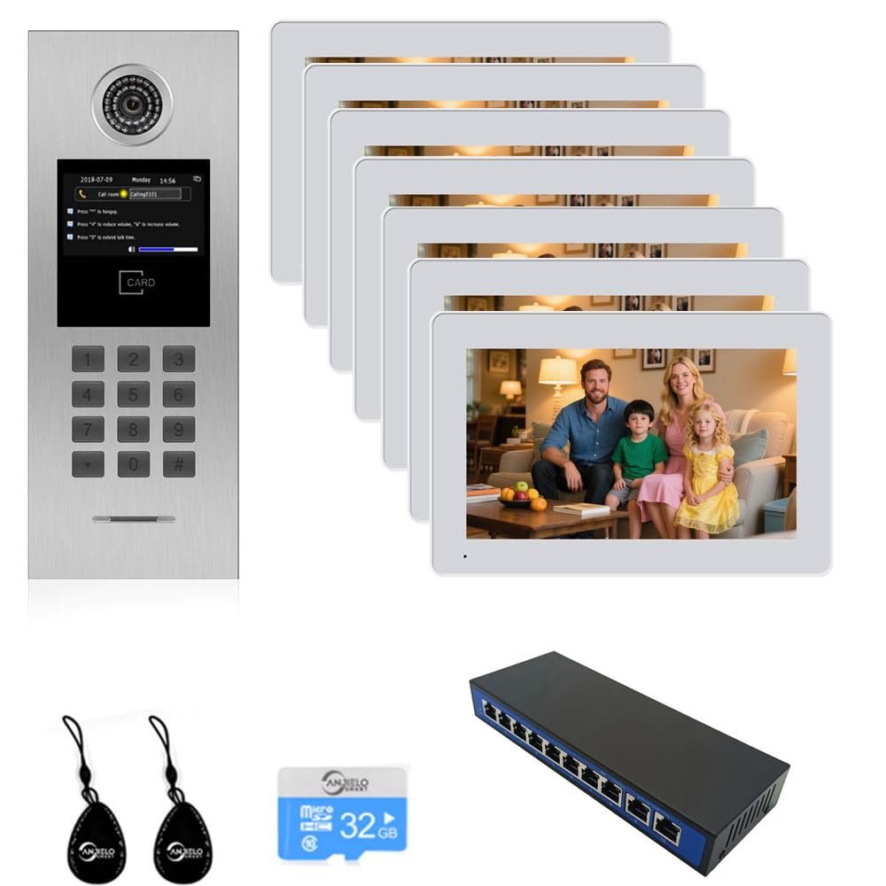 Video Intercom System 5/6/7/8 Unit Wired 7 Inch IP Video Intercom Phone for Apartment Building Security Home Access Control System with Digital Keypad and IC Card (for 7 Family)