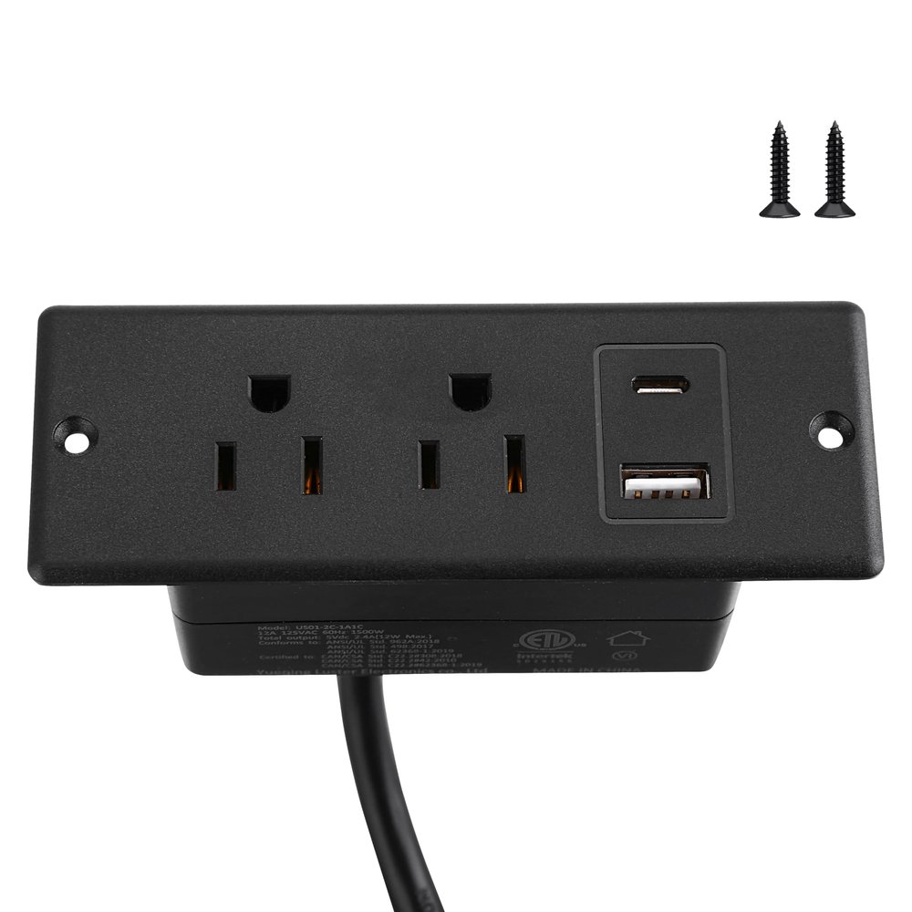 Eridada Recessed Power Outlet with USB-C and USB-A, 2 AC Outlets, in-Desk Flush Mount Power Strip, 125V 12A 1500W, for Desk Countertop Kitchen Island (Black, 4.9FT)