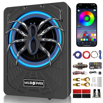 1200W 10 Inch Subwoofer, Upgraded Under Seat Powered Subwoofer and amp package with App-Controlled RGB Light Effects, Ultra-Slim Truck & Car Subwoofer, Powerful bass and Enhanced Heat Dissipation