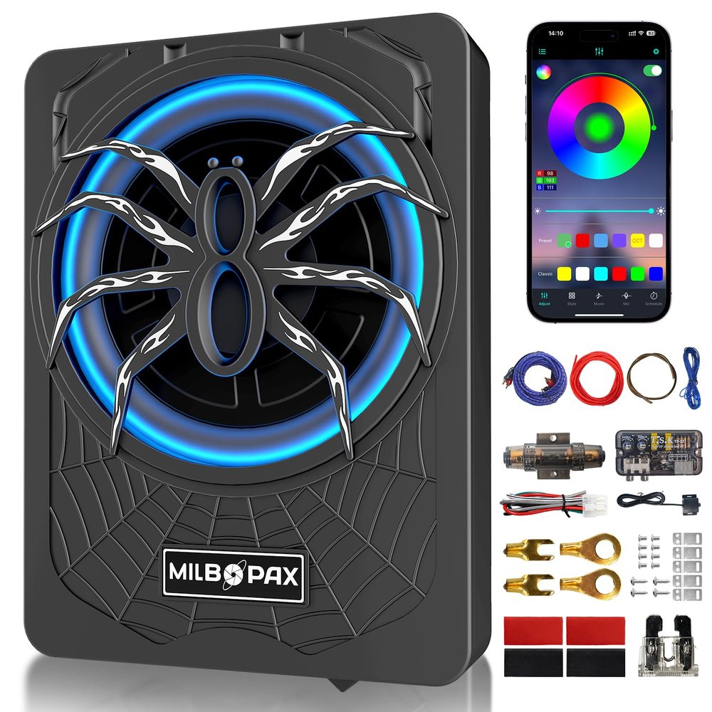 1200W 10 Inch Subwoofer, Upgraded Under Seat Powered Subwoofer and amp package with App-Controlled RGB Light Effects, Ultra-Slim Truck & Car Subwoofer, Powerful bass and Enhanced Heat Dissipation