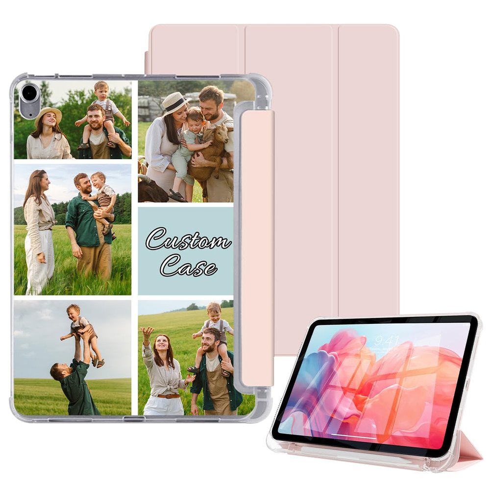 Customized Personalized Case for iPad 11th Gen 11-inch (A16) 2025 with Pencil Holder-[Auto Wake/Sleep] Custom Photo Collage Picture Folio Flip Trifold Stand Cover Soft TPU Clear Back, Pink