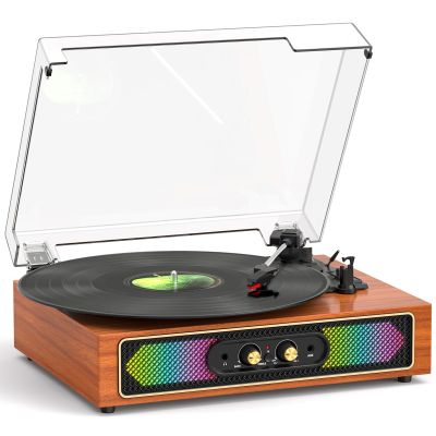 Bluetooth Record Player with RGB Lights, 3-Speed Belt-Drive Turntable with Built-in Stereo Speakers, Bass/Treble Control, Auto Stop, AUX in/Out, RCA Out, Retro Wood Vinyl Player for Home & Gift Use