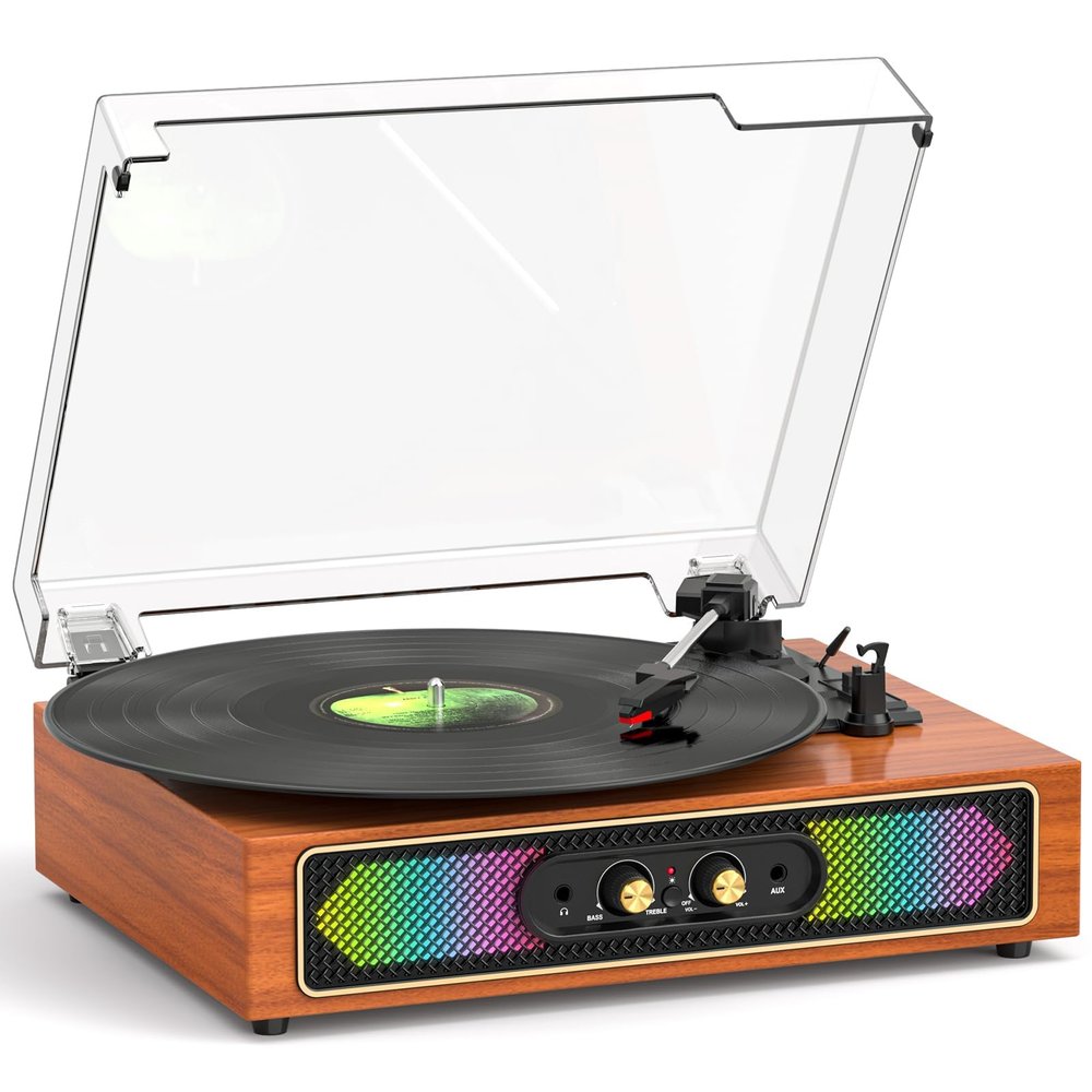 Bluetooth Record Player with RGB Lights, 3-Speed Belt-Drive Turntable with Built-in Stereo Speakers, Bass/Treble Control, Auto Stop, AUX in/Out, RCA Out, Retro Wood Vinyl Player for Home & Gift Use