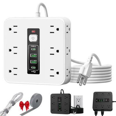 16-in-1 Power Strip with Switch & Surge Protection, Portable Flat Plug 16 in1 Surge Protector Power Strip with 12 Ac Outlets, 2 USB-A Ports & 2 Type-C Port, Multi Outlet for Home, Office (White *1 Pc)