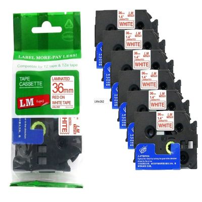 6/Pack LMe262 Premium 1.5" Red Print on White Label Tape, Compatible with Brother TZe-262 P-Touch Tape 36mm Laminated Replacement Label Tape.