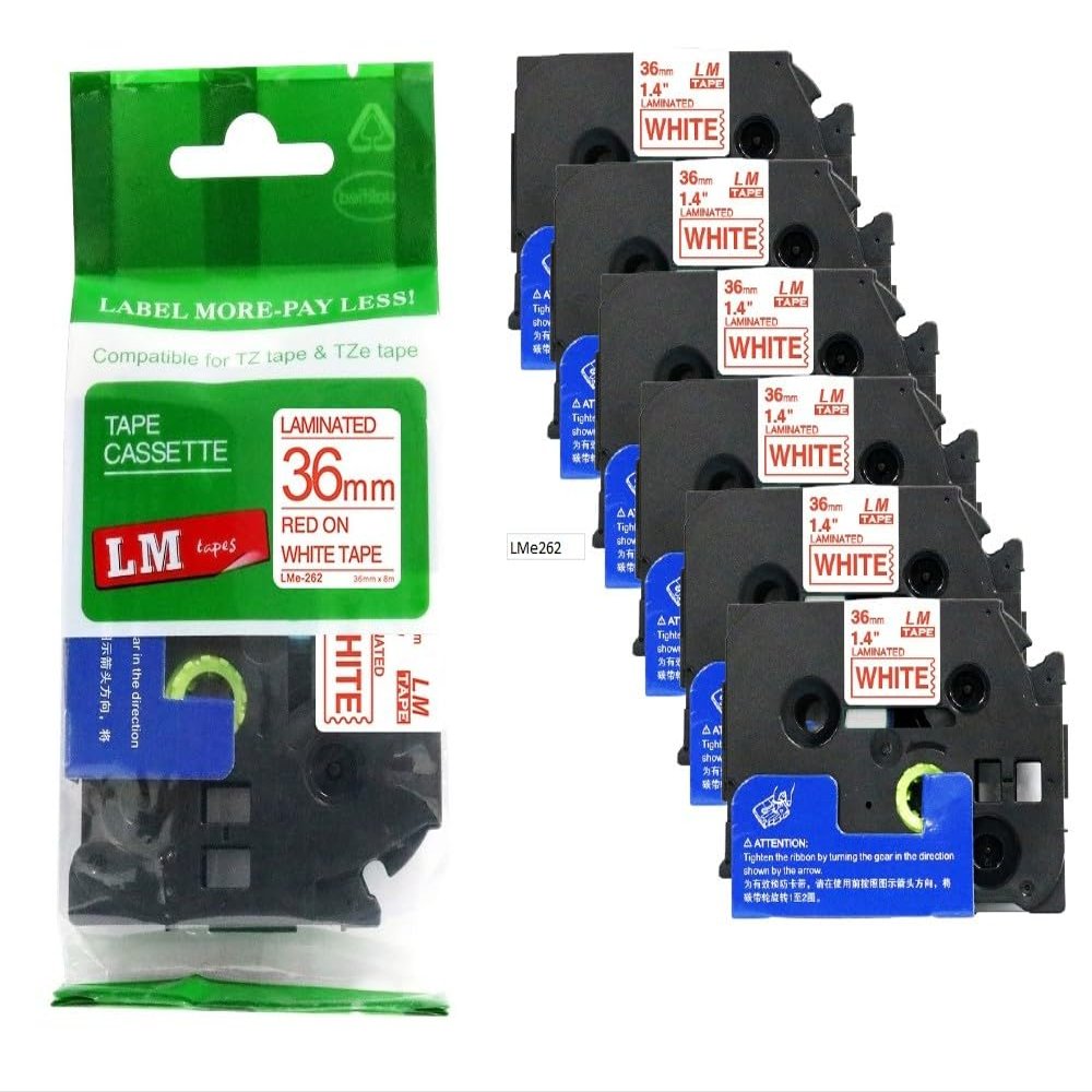 6/Pack LMe262 Premium 1.5" Red Print on White Label Tape, Compatible with Brother TZe-262 P-Touch Tape 36mm Laminated Replacement Label Tape.