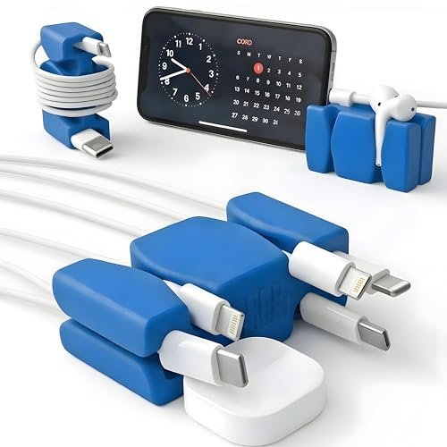 CordBrick Steel Weighted Cord Holder, Cord Wrap, Phone Accessory, Stocking Stuffer for Men, Adults, College Students. Nightstand, Desk Travel Organizer. Silicone. 2pk Blue